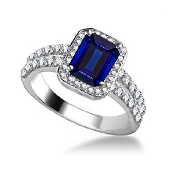 1.00ct VVS2/F Emerald Blue Sapphire and Diamond Single Halo Shoulder Set Ring