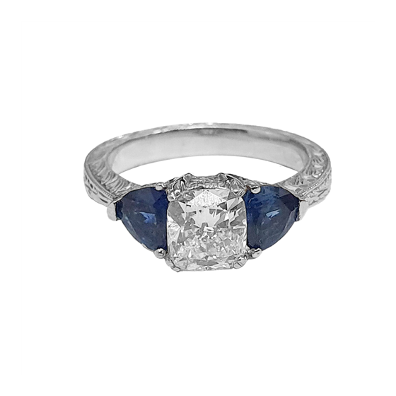 2.11ct VS1/E Cushion and Blue Sapphire 3 Stone Ring