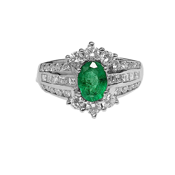 1.60ct VS/F-G Emerald Gemstone and Oval Cut Diamond Designer Ring