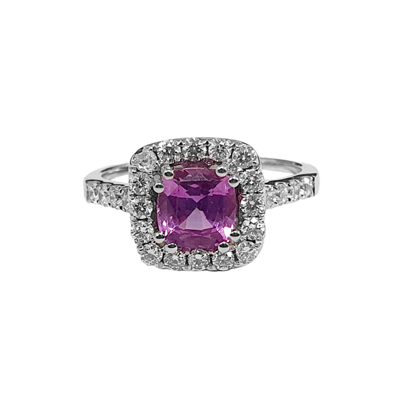 1.85ct VS/E-F Pink Sapphire and Diamond Single Halo Side Diamond Gemstone Ring