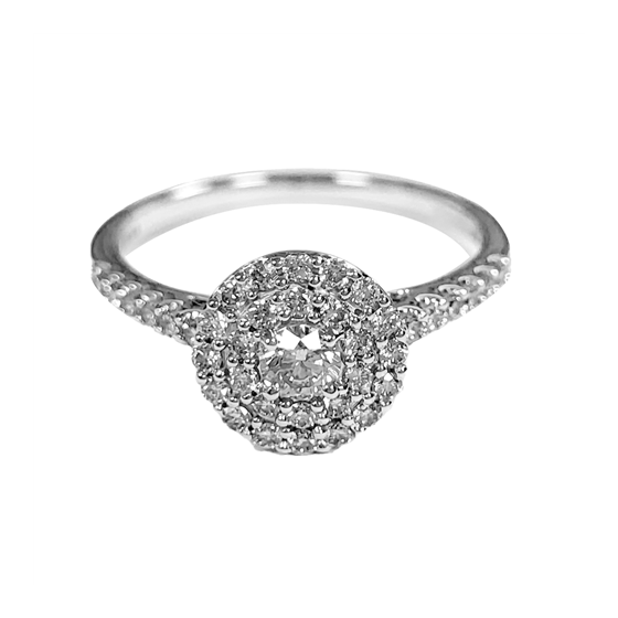 0.67ct VVS/G Shoulder Set Double Halo Round Cut Diamond Ring