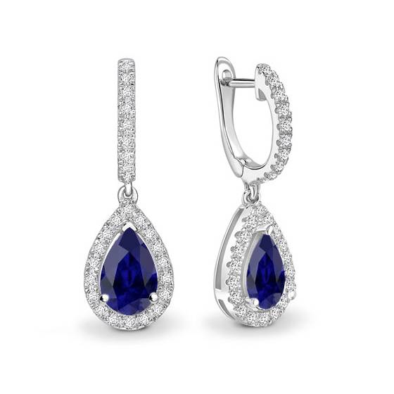 1.50ct VS/E-F Unique Pear Blue Sapphire Diamond Drop Earrings