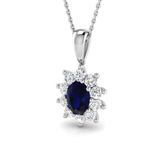 1.35ct SI2/G Oval cut Blue Sapphire Gemstone Pendant in 18k White Gold