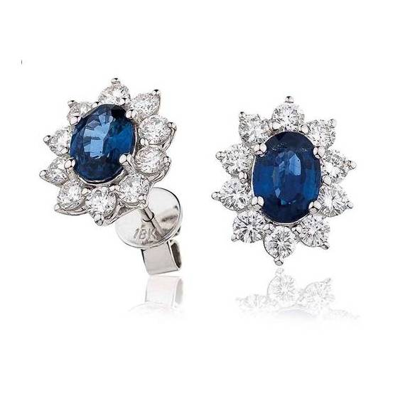 3.09ct VS/F-G Oval Blue Sapphire and Diamond Cluster Earrings