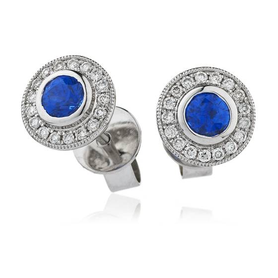 0.50ct VS/F-G Round Blue Sapphire Diamond Earrings