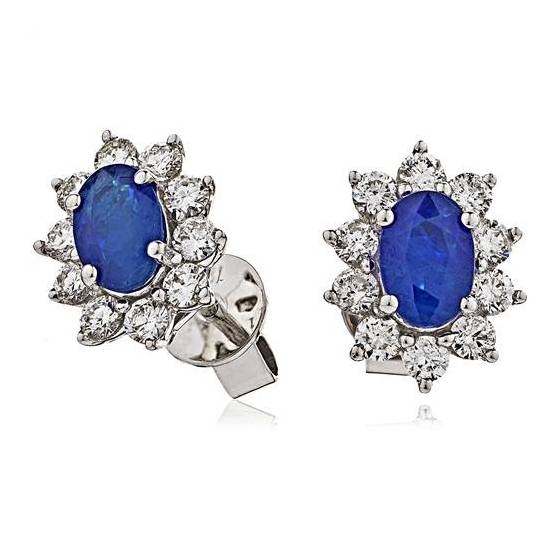 1.15ct VS/E-F Oval Blue Sapphire and Diamond Cluster Earrings