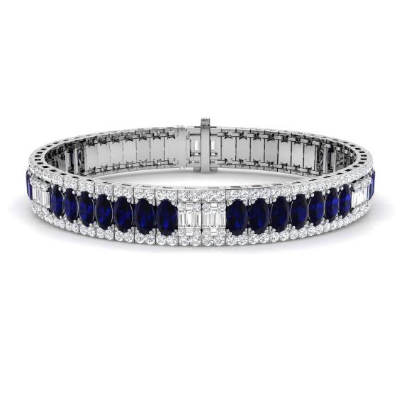 15.16ct SI2/G Oval cut Blue Sapphire Gemstone Bracelet in 18k White Gold