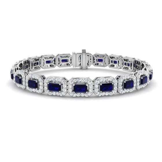 9.28ct SI2/G Emerald cut Blue Sapphire Gemstone Bracelet in 9k White Gold