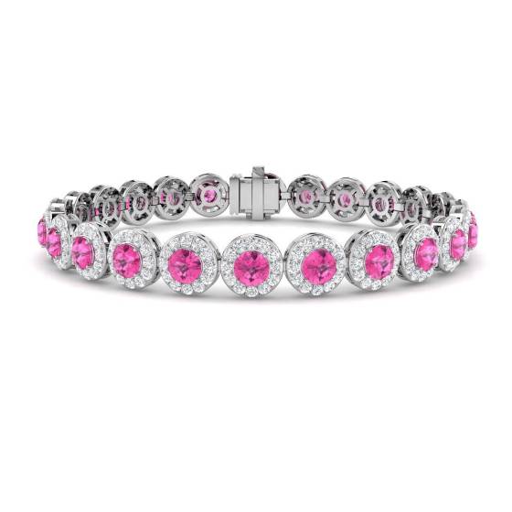 11.48ct SI2/G Round cut Pink Sapphire Gemstone Bracelet in 9k White Gold