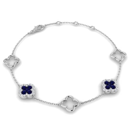 0.81ct SI2/G Round cut Blue Sapphire Clover Gemstone Bracelet in 9k White Gold