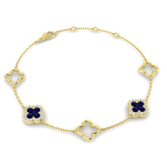 0.81ct SI2/G Round cut Blue Sapphire Clover Gemstone Bracelet in 9k Yellow Gold