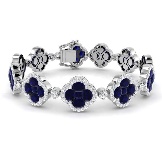 18.95ct SI2/G Round cut Blue Sapphire Gemstone Designer Bracelet in 18k White Gold