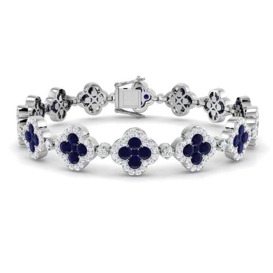 9.47ct SI2/G Round cut Blue Sapphire Gemstone Designer Bracelet in 18k White Gold