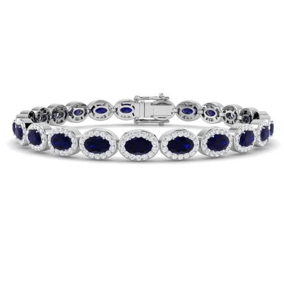 10.74ct SI2/G Oval cut Blue Sapphire Gemstone Bracelet in 18k White Gold