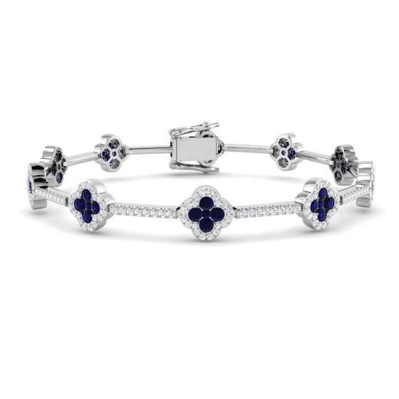 3.19ct SI2/G Round cut Blue Sapphire Clover Gemstone Bracelet in 18k White Gold