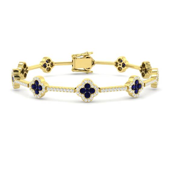 3.19ct SI2/G Round cut Blue Sapphire Clover Gemstone Bracelet in 18k Yellow Gold