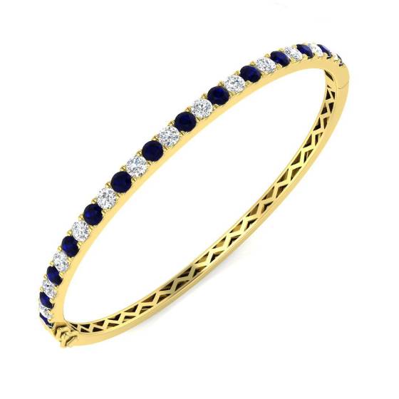 3.55ct SI2/G Round cut Diamonds Blue Sapphire Gemstone Bangle in 18k Yellow Gold