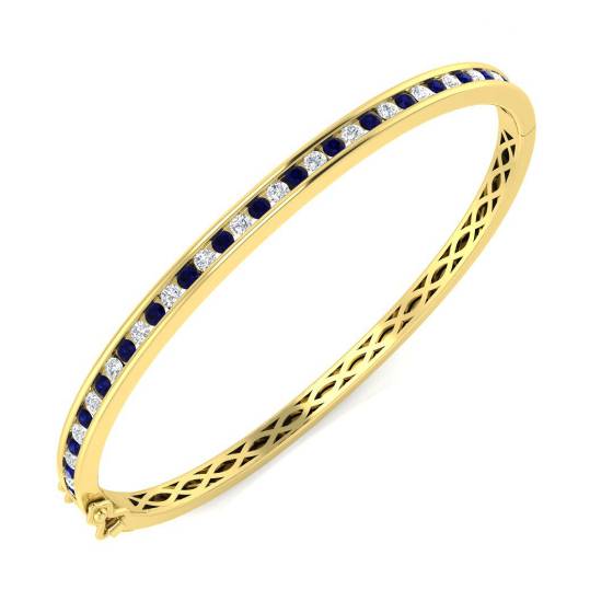 1.88ct SI2/G Round cut Diamonds Blue Sapphire Gemstone Bangle in 18k Yellow Gold