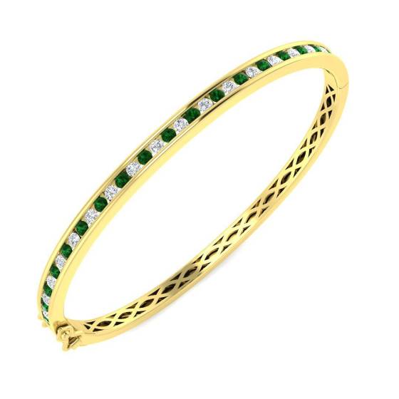 1.62ct SI2/G Round cut Diamonds Emerald Gemstone Bangle in 18k Yellow Gold