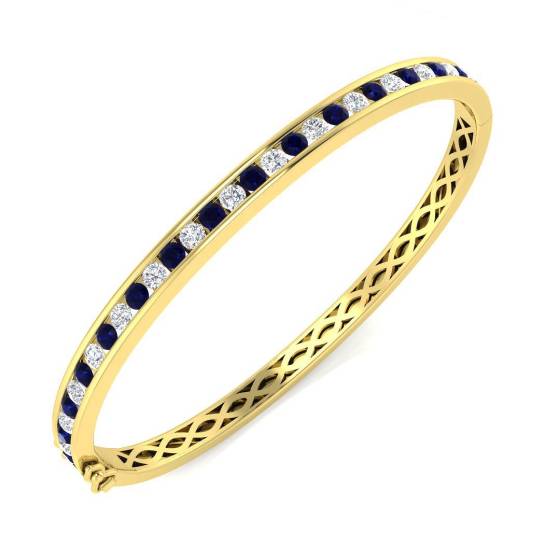 2.75ct SI2/G Round cut Diamonds Blue Sapphire Gemstone Bangle in 18k Yellow Gold