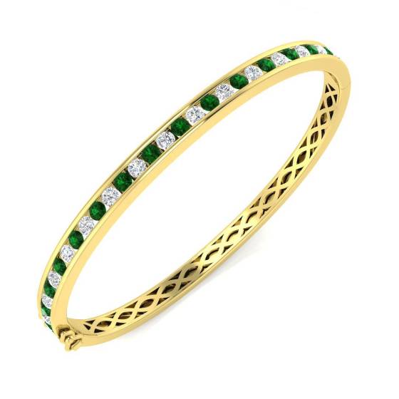 2.20ct SI2/G Round cut Diamonds Emerald Gemstone Bangle in 18k Yellow Gold