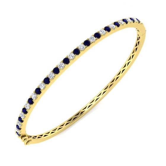 1.70ct SI2/G Round cut Diamonds Blue Sapphire Gemstone Bangle in 18k Yellow Gold