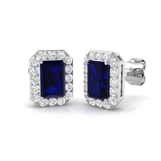 1.37ct SI1/G Emerald cut Blue Sapphire Gemstone Earrings in 18k White Gold