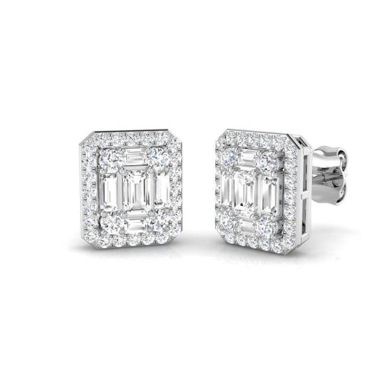 0.86ct SI2/G Baguette cut Diamond Cluster Earrings in 18k White Gold