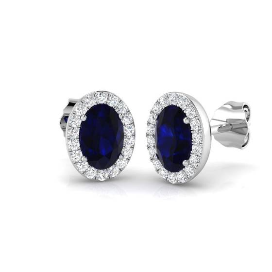 1.22ct SI1/G Oval cut Blue Sapphire Gemstone Earrings in 18k White Gold