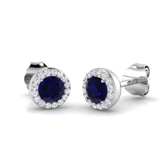 1.09ct SI2/G Round cut Blue Sapphire Gemstone Earrings in 18k White Gold