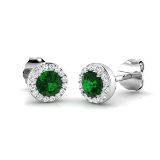 0.91ct SI2/G Round cut Green Emerald Gemstone Earrings in 18k White Gold