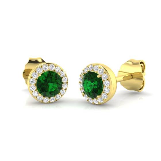 0.71ct SI2/G Round cut Green Emerald Gemstone Earrings in 18k Yellow Gold