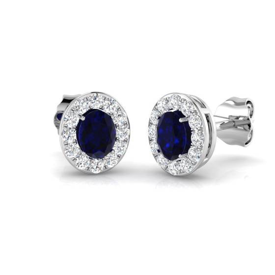 1.10ct SI2/G Oval cut Blue Sapphire Gemstone Earrings in 18k White Gold