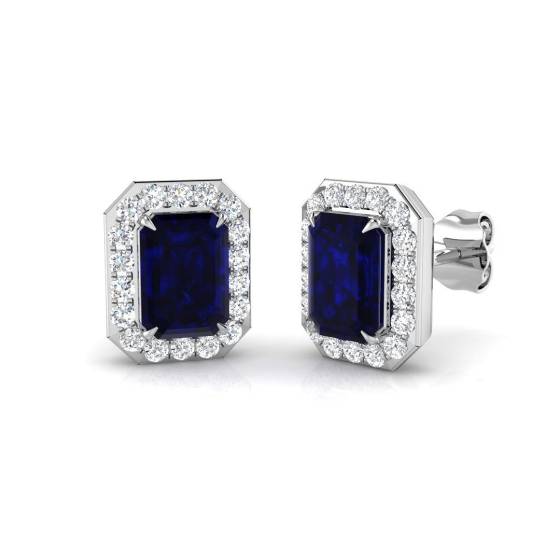 2.34ct SI2/G Emerald cut Blue Sapphire Gemstone Earrings in 18k White Gold