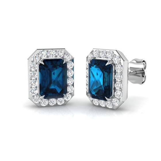 2.79ct SI2/G Emerald cut Blue Topaz Gemstone Earrings in 18k White Gold