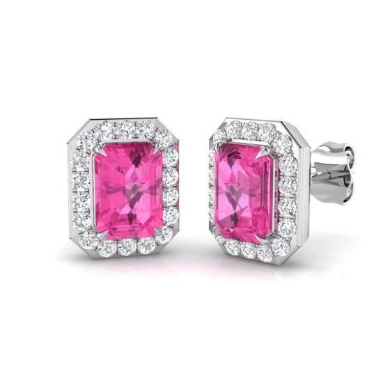 2.32ct SI2/G Emerald cut Pink Sapphire Gemstone Earrings in 18k White Gold