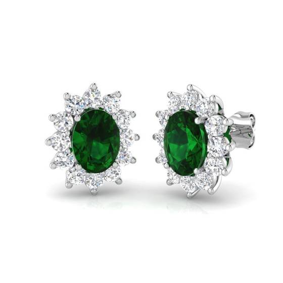 3.40ct SI2/G Oval cut Green Emerald Gemstone Earrings in 18k White Gold