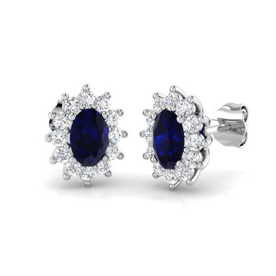 1.52ct / Oval cut Blue Sapphire Gemstone Earrings in 18k White Gold