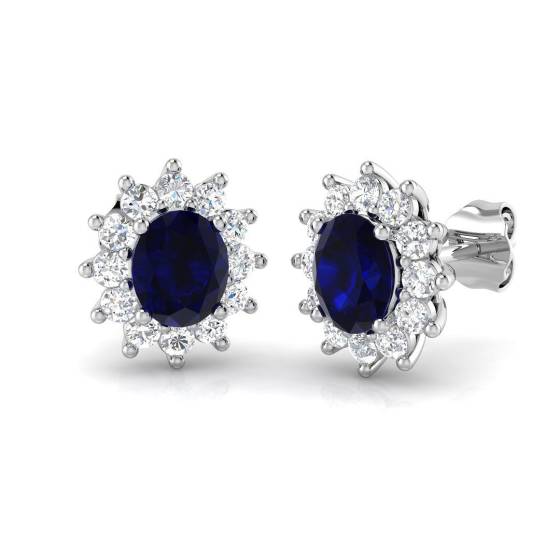 1.86ct SI2/G Oval cut Blue Sapphire Gemstone Earrings in 18k White Gold