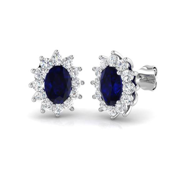 3.00ct SI2/G Oval cut Blue Sapphire Gemstone Earrings in 18k White Gold