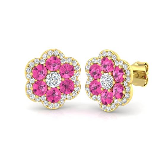 1.92ct SI2/G Round cut Pink Sapphire Gemstone Earrings in 9k Yellow Gold