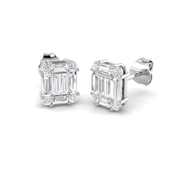 0.77ct SI2/G Baguette cut Diamond Cluster Earrings in 18k White Gold