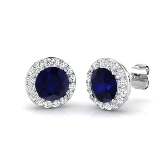 2.39ct SI2/G Round cut Blue Sapphire Gemstone Earrings in 9k White Gold