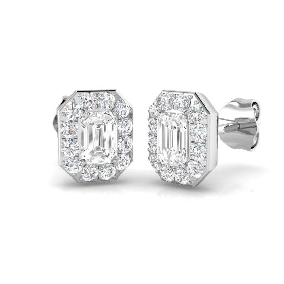 0.95ct SI2/G Emerald cut Diamond Halo Earrings in 18k White Gold