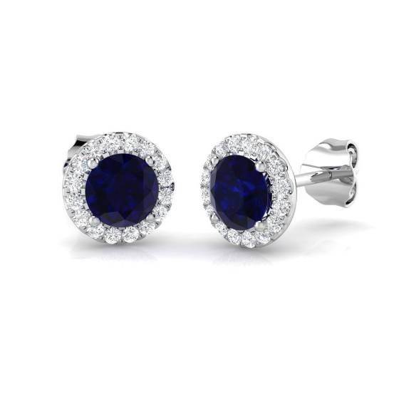 0.81ct SI2/G Round cut Blue Sapphire Gemstone Earrings in 18k White Gold