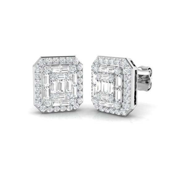 0.79ct SI2/G Baguette cut Diamond Cluster Earrings in 9k White Gold