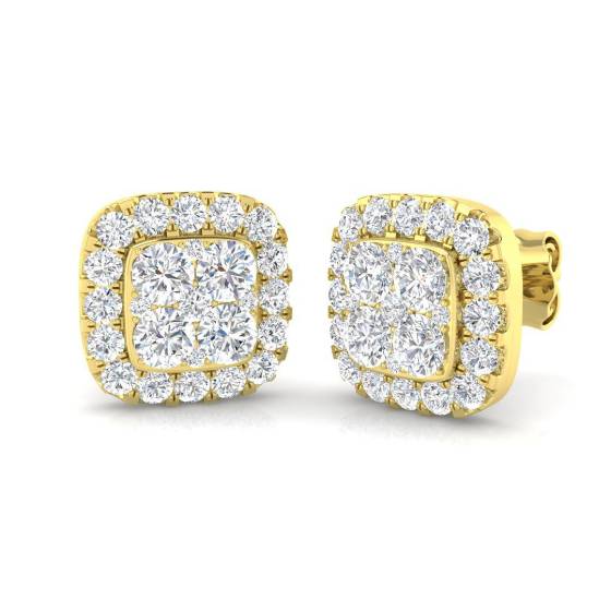 1.30ct SI2/G Round cut Diamond Cluster Earrings in 9k Yellow Gold