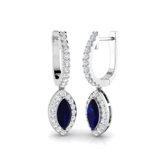 1.47ct / Marquise cut Blue Sapphire Gemstone Earrings in 18k White Gold