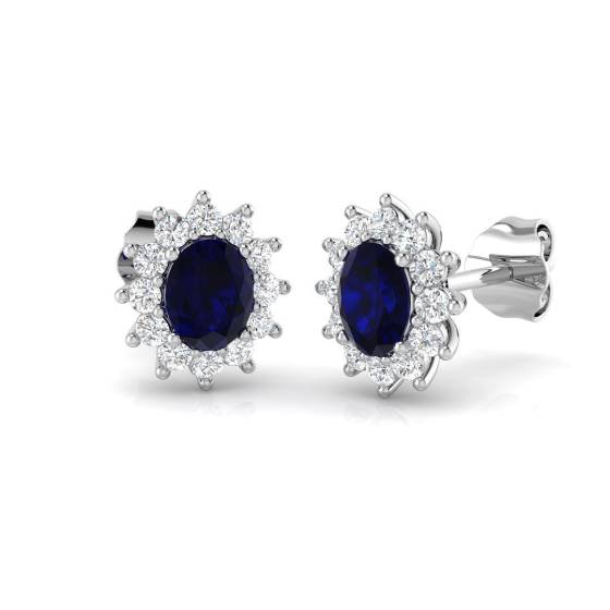 1.24ct SI2/G Oval cut Blue Sapphire Gemstone Earrings in 18k White Gold