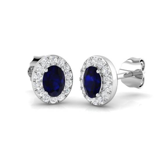 0.85ct SI2/G Oval cut Blue Sapphire Gemstone Earrings in 18k White Gold